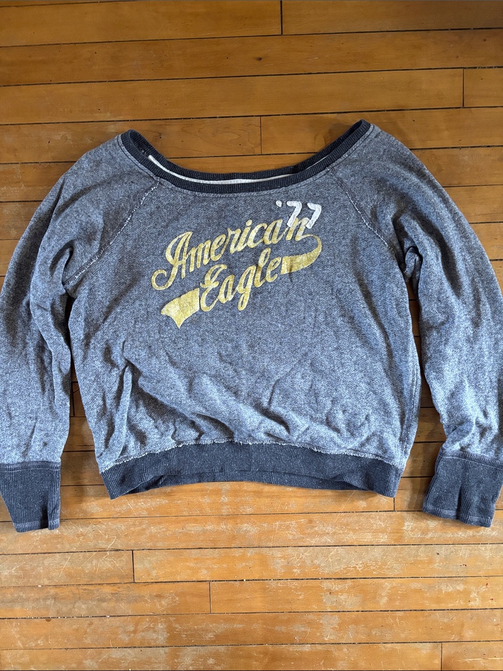 EUC Distressed American Eagle Outfitters Off-the-Shoulder Gray Sweatshirt
